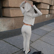 Cardigan With Dots Hooded Top Low Waist Contrast Color Trousers Suit