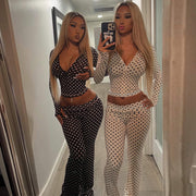 Cardigan With Dots Hooded Top Low Waist Contrast Color Trousers Suit