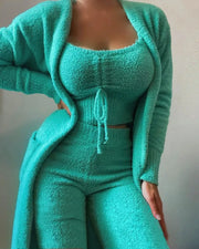2025 New Luxury Women's Plush Pajamas Set Crop Top+Long Pants+Coat 3 Pieces Suit Homewear Female Matching Sets Warm Pyjamas Pjs