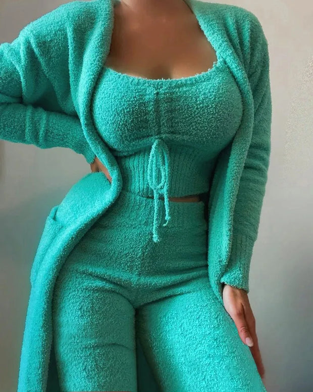 2025 New Luxury Women's Plush Pajamas Set Crop Top+Long Pants+Coat 3 Pieces Suit Homewear Female Matching Sets Warm Pyjamas Pjs