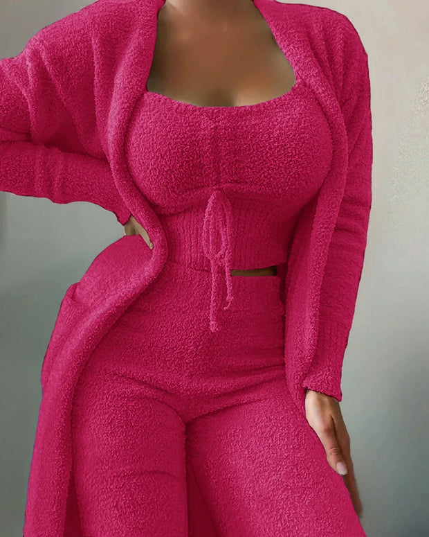 2025 New Luxury Women's Plush Pajamas Set Crop Top+Long Pants+Coat 3 Pieces Suit Homewear Female Matching Sets Warm Pyjamas Pjs