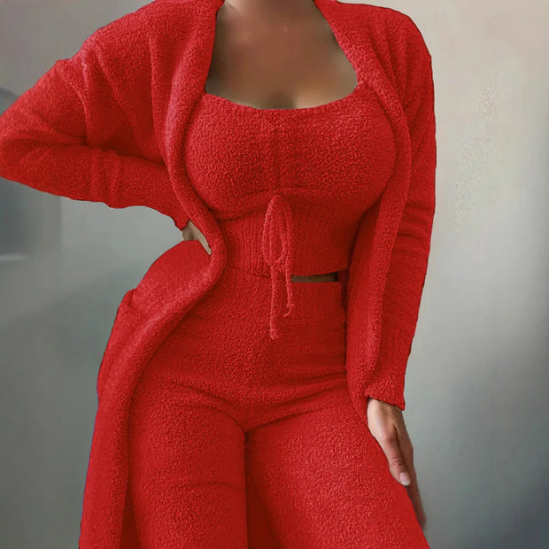 2025 New Luxury Women's Plush Pajamas Set Crop Top+Long Pants+Coat 3 Pieces Suit Homewear Female Matching Sets Warm Pyjamas Pjs