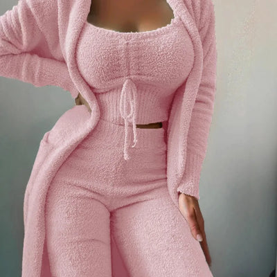 2025 New Luxury Women's Plush Pajamas Set Crop Top+Long Pants+Coat 3 Pieces Suit Homewear Female Matching Sets Warm Pyjamas Pjs