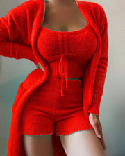 2025 New Luxury Women's Plush Pajamas Set Crop Top+Long Pants+Coat 3 Pieces Suit Homewear Female Matching Sets Warm Pyjamas Pjs