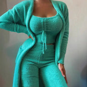 2025 New Luxury Women's Plush Pajamas Set Crop Top+Long Pants+Coat 3 Pieces Suit Homewear Female Matching Sets Warm Pyjamas Pjs