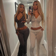 Cardigan With Dots Hooded Top Low Waist Contrast Color Trousers Suit