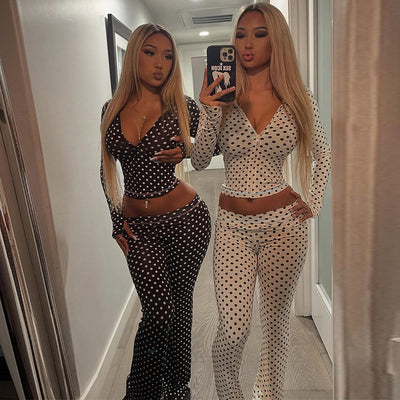 Cardigan With Dots Hooded Top Low Waist Contrast Color Trousers Suit